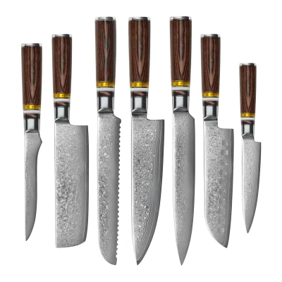 Image of Micarta Jewels 7 piece Damascus Knife Set + Acacia holder single sided