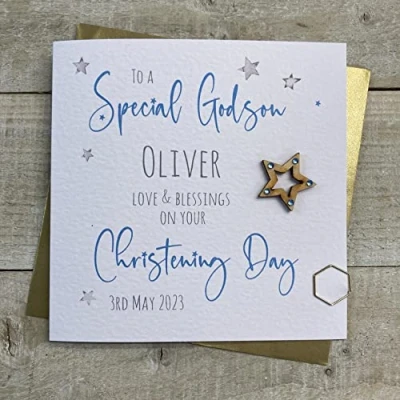 Image of WHITE COTTON CARDS PERSONALISED CHRISTENING BAPTISM CARD. GODSON. ANY RELATION. BLUE WOODEN STAR DESIGN. Handmade (P22 72 GODS &amp; XP22 GODS)