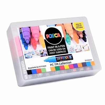 Image of POSCA PC 7M Permanent Marker Paint Pens. Broad Bullet Tip for Art &amp; Crafts. Multi Surface Use On Wood Metal Paper Canvas Cardboard Glass Fabric Ceramic Rock Pebble Stone Porcelain. Set of 15 Colours