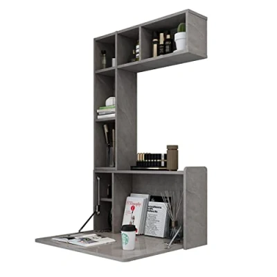 Image of Pmnianhua Folding Wooden Wall Mounted Drop Leaf Table,Space Saving Table Makeup Vanity Desk with Storage Shelves for Laptop Bedroom Studio Small Space (dark grey)