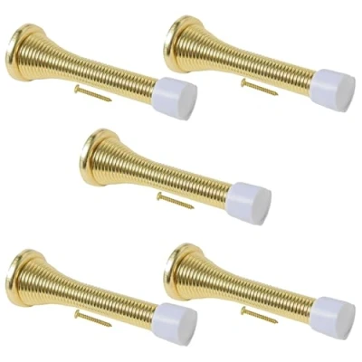 Image of Spring Door Stop Stopper Aside Doorstop Wall, Skirting or Fixings &amp; Screws Pack of 5 Brass Plated