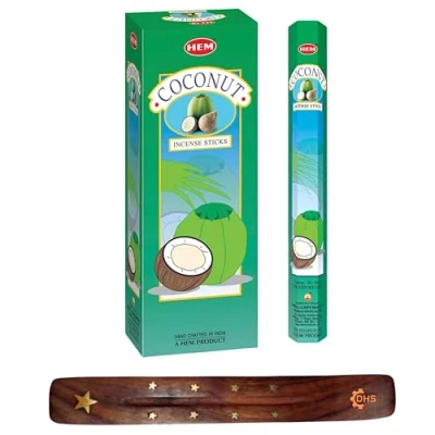 Image of HEM Incense sticks Coconut Pack of 6 with DHS stick holder for Aromatherapy, Spa, Yoga, Meditation, Healing, Spirituality and Relaxation…