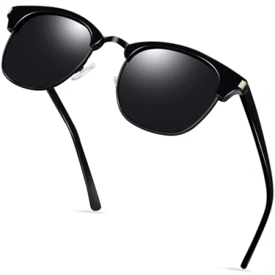 Image of KANASTAL Dark Black Sunglasses Womens Mens Half Frame Polarised Fashion Vintage Retro Ladies Sun Glasses Shiny Lens