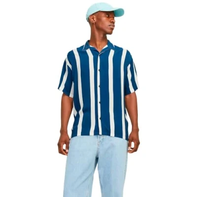 Image of JACK &amp; JONES Men&#039;s Jjjeff Resort Stripe Shirt Ss Relaxed, Ensign Blue, XXL
