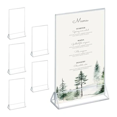 Image of Relaxdays Table Stand, Set of 6, DIN A5, Wedding, for Menu Photos, Acrylic Card Holder, Transparent/Silver, 24.5 x 15.5 5.5 cm