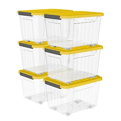 Image of Cetomo 35L*6 Storage Boxes with Wheels, Plastic Box Lid, Latching Buckles, Click Closure, Stackable, Nesting, Durable Organizer for Home Office Clothes, Clear &amp; Yellow, 35L 6 Pack