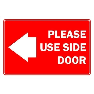Image of Please use side door, arrow ponting left Self adhesive sticker (400mm x 300mm)