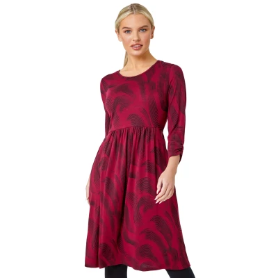 Image of Roman Stretch Dress with Pockets for Women UK Ladies Jersey Gathered Waist Spring Summer Knee Length Smart Casual Work Cocktail Party Going Out Fit &amp; Flare Dinner Wine Onyx Size 12