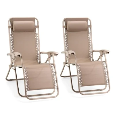 Image of VonHaus Zero Gravity Chairs Set of 2 Reclining Sun Loungers for Garden Textilene Folding Sunloungers with Detachable Headrest Fold Away Deck Outdoor, Patio (Taupe)