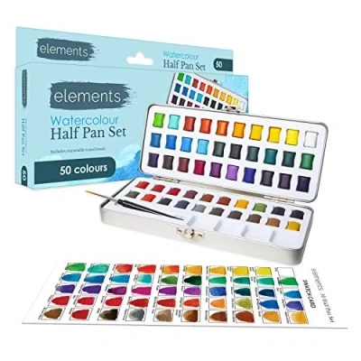 Image of Elements Half Pan Watercolour Set 50 Colour Pans Perfect for Artists, Begginners, Students or Hobbyists with Retractable Brush and Mixing Palette in Handy Metal Storage Tin