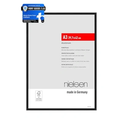 Image of nielsen Atlanta Photo Frame A3, 29.7x42cm Aluminium Picture Frame, Black with Protective Acrylic Glazing and Push Turn Clips Frosted