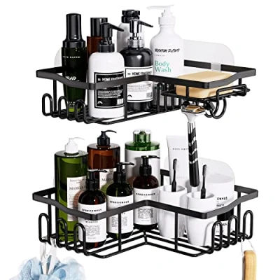 Image of HapiRm Shower Caddy Bathroom Corner Shelves with Soap Dish Holder, Storage 11 Hooks for Hanging Razor, Ball, Towel, Black