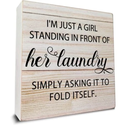 Image of KOPUTE Laundry Quote Wooden Box Sign Desk Decor Wood for Home Shelf Table Decoration 7 x Inches