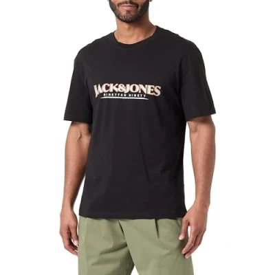 Image of JACK &amp; JONES Men&#039;s Jorgrand Branding Tee Ss Crew Neck Blk T Shirt, Black, M