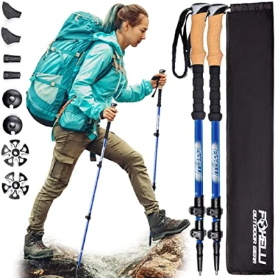 Image of Foxelli Carbon Fiber Trekking Poles Lightweight Collapsible Hiking Poles, Shock Absorbent Walking Sticks with Natural Cork Grips, Flip Locks, 4 Season/All Terrain Accessories and Carry Bag