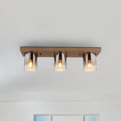 Image of Underwood Shade Cluster Ceiling Light Wood Look Dark Smoke Glass 3x E27