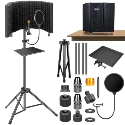 Image of Dmsky Microphone Isolation Shield with Pop Filter &amp; Tripod Stand, Foldable Mic Triple Sound Insulation, High Density for Recording Studio, Podcasts, Singing, Broadcasting