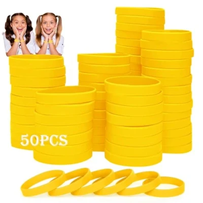 Image of HONTIUS silicone wristbands, 50PCS Yellow Rubber Wristbands Blank Wrist Bands Universal Wristband Set for Kids Teens Sport Suitable 8 12 aged
