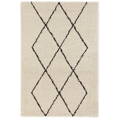 Image of Hanse Home High Pile Shaggy Design Rug Diamond Cream Black Soft in Check Pattern Geometric Living Room Bedroom Kitchen Hallway Modern 80 x 150 cm