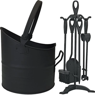 Image of Simpa® Classic Black Metal Fireside Coal Fire Log Scuttle Handle Bucket Kindling Hod with 5 Piece Cast Iron Looped Companion Set