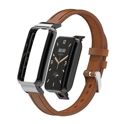 Image of T BLUER Compatible with Xiaomi Mi Band 7 Pro Strap,Mi Leather Replacement Bracelet Wristband Accessories Metal Frame for Smart Pro,Brown