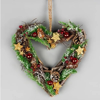 Image of 30cm Prelit Heart Wreath Battery Operated Wooden Twigs Base Decorated with Red Baubles,Berries,Stars,Foliage,Pine Cones, Micro Rice LED Lights Christmas Home Hanging Decoration