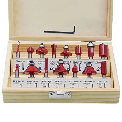 Image of 1/4 inch Router Bit Set, 15pcs 6.35mm Shank Tungsten Carbide Tipped Set with Wooden Box, Double Flute Wood Milling Saw Cutter, for Handwork and DIY