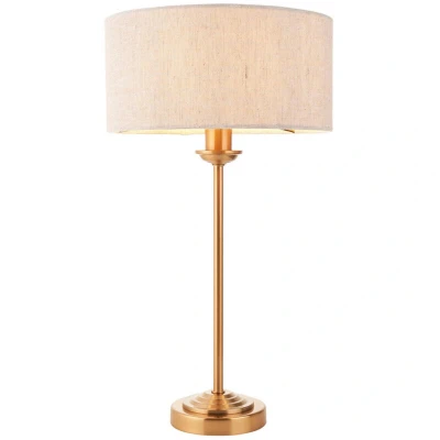 Image of Highclere Table Lamp with Round Shade Vintage Brass, Natural Linen, 1x E14
