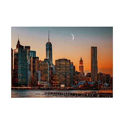 Image of Wee Blue Coo Photo Cityscape New York City USA Moon Over Manhattan Wall Art Print