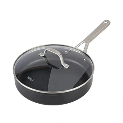 Image of Ninja ZEROSTICK Essentials Cookware 26cm Sauté Pan with Glass Lid, Non Stick, Long Lasting Forged Aluminium Pan, Induction Compatible, Oven Safe to 260C, Black C10126UK