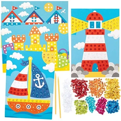 Image of Baker Ross FE297 Seaside Sequin Art Kits Pack of 4, Make Your Own Childrens Set, Creative Activities for Kids, Decorate Arts and Crafts Project