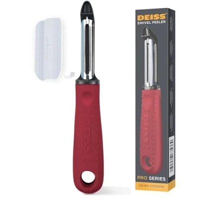 Image of Deiss PRO Swivel Vegetable Peeler Sharp Stainless Steel with Easy Non Slip Hand Grip, Potato Peelers for Kitchen, Fruit, Carrot, Apple, Veggie, Kiwi, Durable, and Dishwasher Safe (RED)