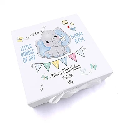 Image of ukgiftstoreonline Personalised Baby Boy Gift Keepsake Memory Box Elephant Design (Large)