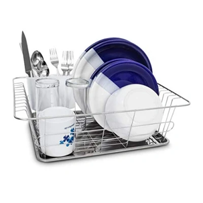 Image of Relaxdays Draining Rack Stainless Steel With Drip Tray &amp; Cutlery Compartment 39,5 x 30,3 12.5 cm For Plates, Cutlery, Glasses, Crockery Dish Rack, Metallic