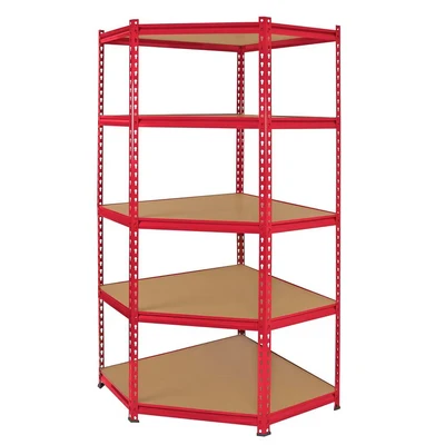 Image of Z Rax Corner Garage Shelving Unit 5 Tier Heavy Duty Rack for Storage Steel Utility Shelves Red Metal &amp; MDF Boltless Racking Assembly System 183cm x 90cm 45cm