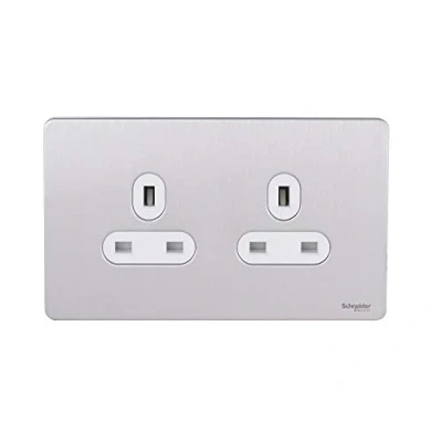 Image of Schneider Electric Ultimate Screwless Flat Plate Double Unswitched Power Socket, 13A, GU3460WSS, Stainless Steel with White Insert
