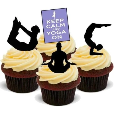 Image of Yoga Keep Calm Mix 12 Edible Stand Up Premium Wafer Card Cake Toppers Decorations