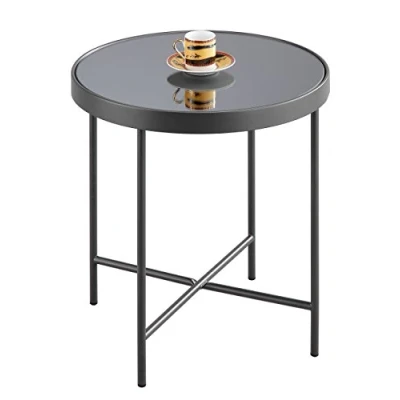 Image of ASPECT FINO Glass Round Side Coffee End Lamp Table, Steel Anthracite/Grey Mirror, 42.5 x 46 cm