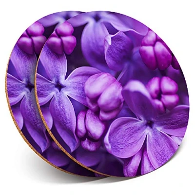 Image of 2 x Round Coasters Purple Lilac Violet Flowers Cork Backed Home Kitchen Accessory Tea Coffee Mug Mat #3417