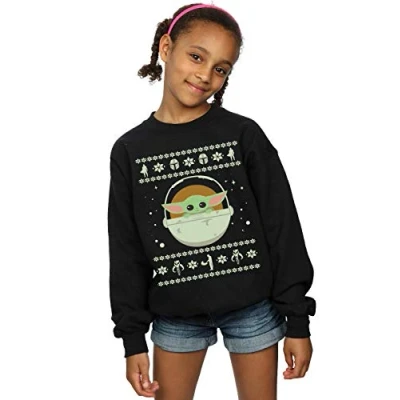 Image of Star Wars Girls The Mandalorian Child Christmas Sweatshirt Black 12 13 Years