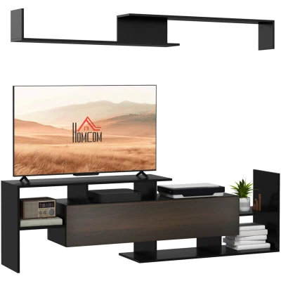 Image of HOMCOM Modern TV Cabinet with Wall Shelf, Unit Storage Shelf and Cabinet, for Mounted 65&quot; TVs or Standing 40&quot; TVs, Black Dark Brown
