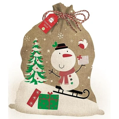 Image of Giftmaker Christmas Santa&#039;s Sack Childrens Presents Large Brown Calico Bag Snowman Design
