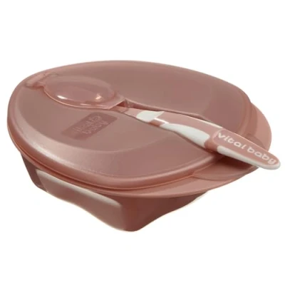 Image of Vital Baby Nourish Weaning Bowl with Lid &amp; Spoon 6m+, Berry Pink, Food Mashing Zones, Soft Tip, EarthSmart Biodegradable, BPA Free Portable Hygienic Cover