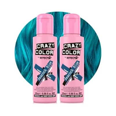 Image of Crazy Color Vibrant Peacock Blue Semi Permanent Duo Hair Dye. Highly Pigmented Teal Turquoise Conditioning &amp; Oil Nourishing Vegan Formula No Bleach or Ammonia 200ml