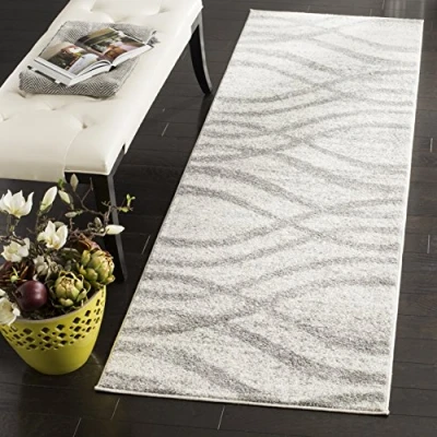Image of SAFAVIEH Modern Wave Distressed Rug for Living Room, Dining Bedroom Adirondack Collection, Short Pile, in Cream and Grey, 76 X 244 cm