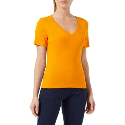 Image of Tommy Hilfiger Women Short Sleeve T Shirt New Slim Cody V Neck, Orange (Rich Ochre), S