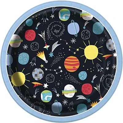Image of Galactic Outer Space Round Dessert Plates (17cm) Vibrant Multicolor Cosmic Design Perfect for Astronaut &amp; Universe Themed Party Events 8ct