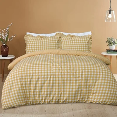 Image of Sleepdown Gingham Check Mustard Plain Reverse Soft Easy Care Duvet Cover Quilt Bedding Set with Pillowcases Single (135cm x 200cm)
