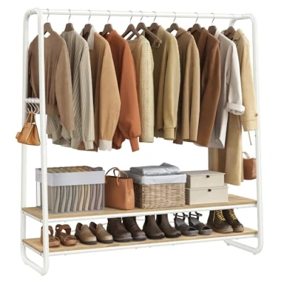 Image of VASAGLE Clothes Rail, Rack with 2 Shelves, 6 S Shaped Hooks, Steel Frame, for Bedroom, Natural Beige and Matte White RGR119W09
