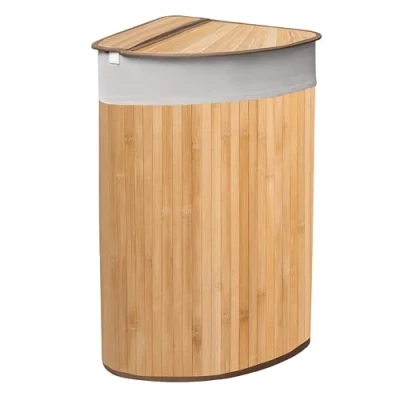 Image of KNIGHT 57L Bamboo Corner Laundry Hamper Swing Lid, Removable &amp; Washable Lining, Easy to Assemble Foldable Storage Bin,35x35x60 (Natural)